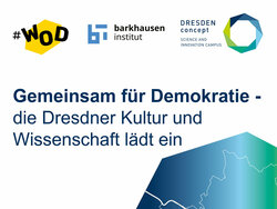 Das Bild zeigt oben den Hashtag #WOD und das Logo von DRESDEN-concept. Danach kommt der Schriftzug "Gemeinsam für Demokratie - die Dresdner Kultur und Wissenschaft lädt ein". Unten links steht "Samstag, 25. Mai 2024 und der link "dresden-concept/demokratie". Rechts unten ist ein Ausschnitt einer hexagonalen Form mit der stadtgrenze Dresdens und der Elbe in blau-grün zu sehen. Der Hintergrund ist weiß.