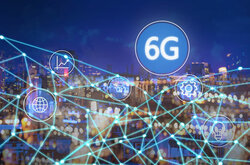 In the backgrount you see the silhouette of a city by night. In the foreground there is a net of glowing beams and some symbols e.g. a lightbulb. Then there is a big white circle with a blue filling and white text that says "6G".
