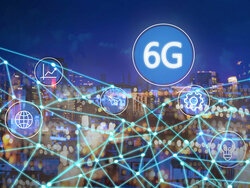In the backgrount you see the silhouette of a city by night. In the foreground there is a net of glowing beams and some symbols e.g. a lightbulb. Then there is a big white circle with a blue filling and white text that says "6G".